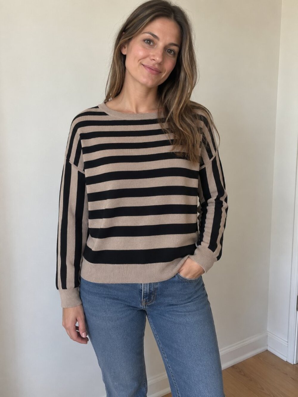 Cable & Gauge Black & Beige Striped Knit Sweater – Size L